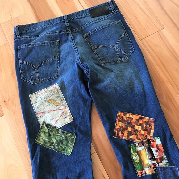 Upcycled Hippie Patchwork Jeans, Men’s Size 36/30: Handmade Bar Scene Patches - Picture 10 of 12